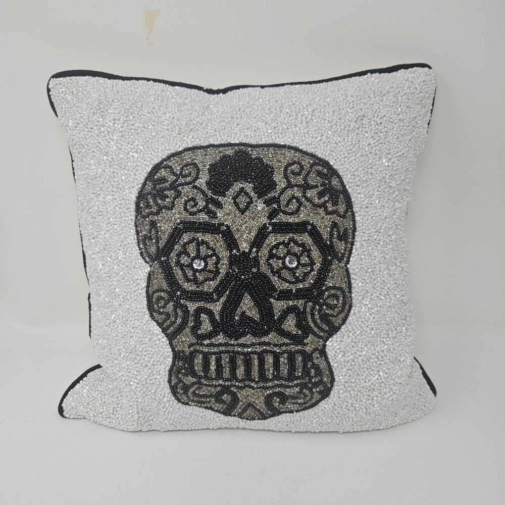 Skull Goth pillow beaded White Black 14x14 in